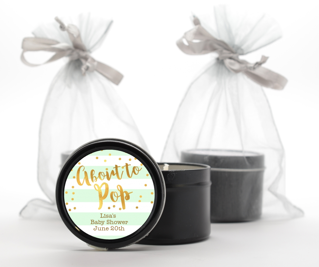 About To Pop Gold - Baby Shower Black Candle Tin Favors