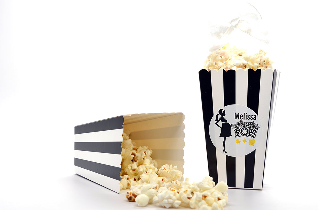 About to Pop Mommy Black - Personalized Baby Shower Popcorn Boxes - Set of 12