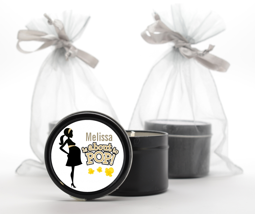 About To Pop Mommy Gold - Baby Shower Black Candle Tin Favors