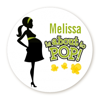 About To Pop Mommy Green - Round Personalized Baby Shower Sticker Labels