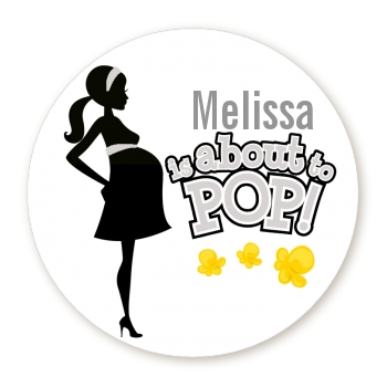 About To Pop Mommy Grey - Round Personalized Baby Shower Sticker Labels