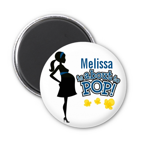 About To Pop Mommy Navy Blue - Personalized Baby Shower Magnet Favors