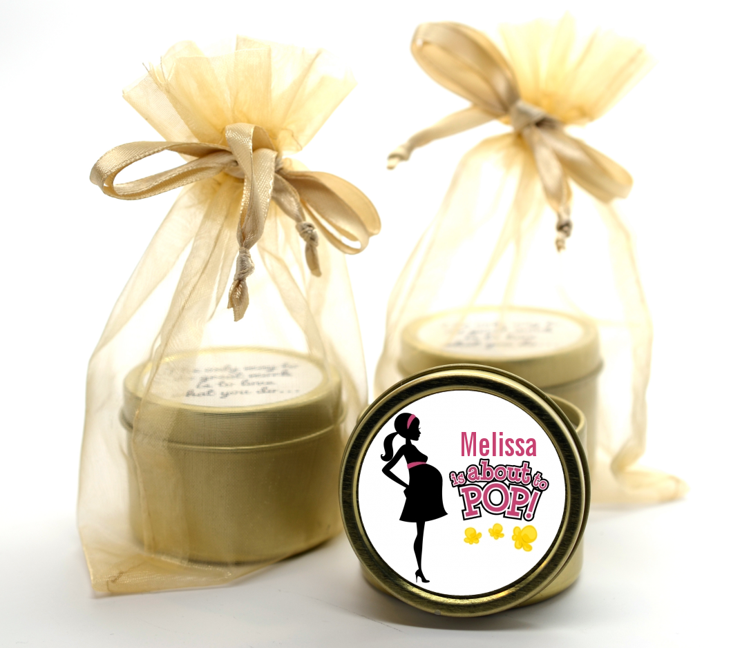 About to Pop Mommy Pink - Baby Shower Gold Tin Candle Favors