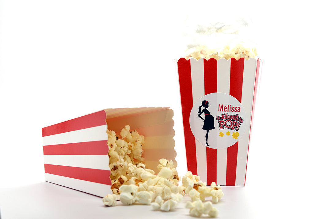 About To Pop Mommy Red - Personalized Baby Shower Popcorn Boxes - Set of 12