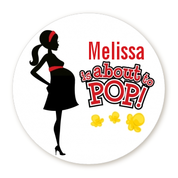 About To Pop Mommy Red - Round Personalized Baby Shower Sticker Labels