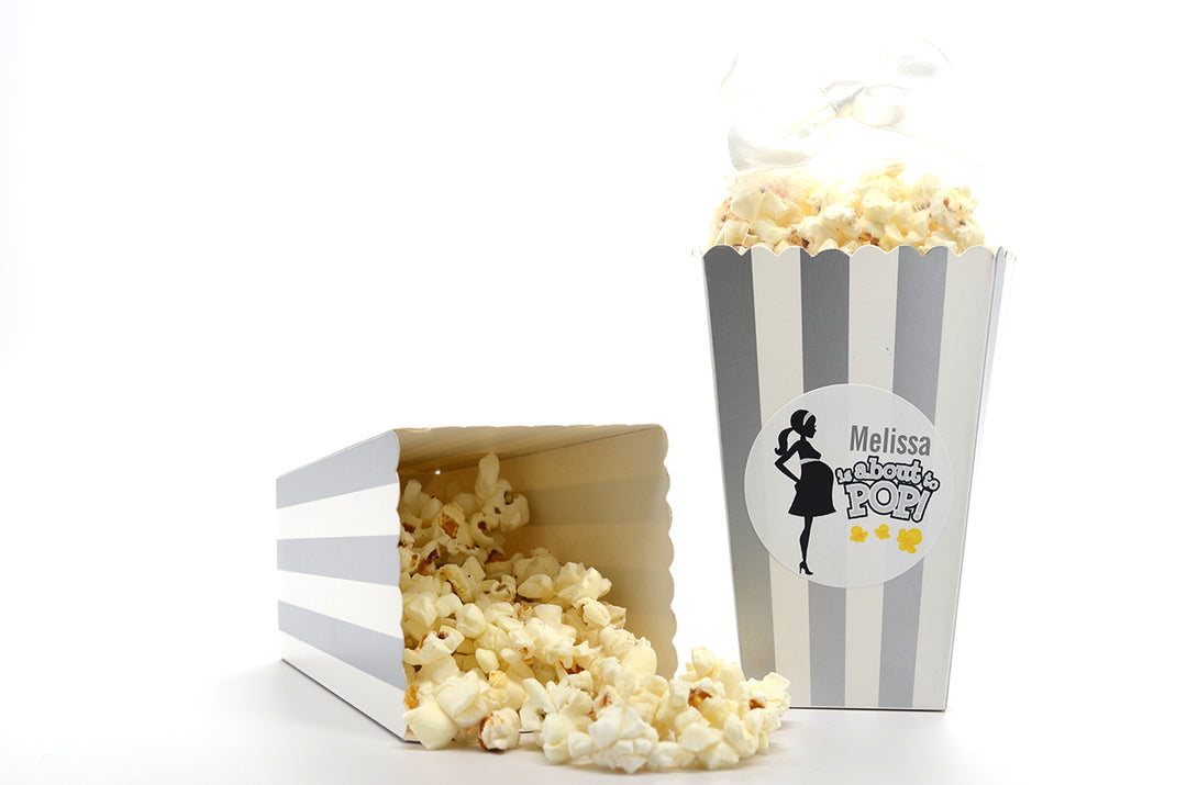 About To Pop Mommy Grey - Personalized Baby Shower Popcorn Boxes - Set of 12