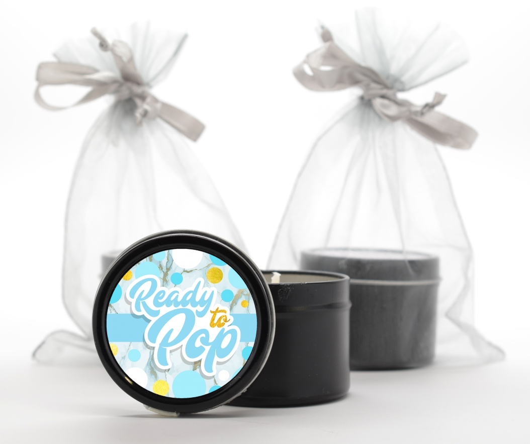 Ready To Pop Blue Gold - Baby Shower Black Candle Tin Favors