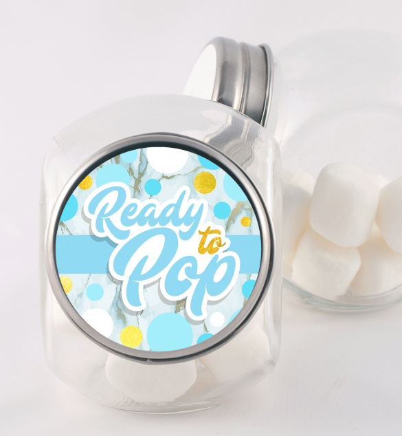 Ready To Pop Blue Gold - Personalized Baby Shower Candy Jar