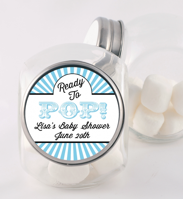 Ready To Pop Blue Stripes - Personalized Baby Shower Candy Jar