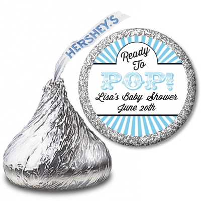 Ready To Pop Blue Stripes - Hershey Kiss Baby Shower Sticker Labels