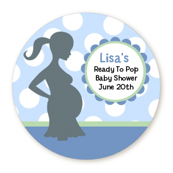 Ready To Pop Blue with white dots - Round Personalized Baby Shower Sticker Labels