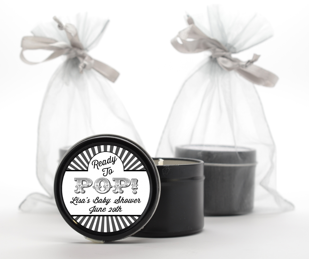 Ready To Pop Gray Stripes - Baby Shower Black Candle Tin Favors