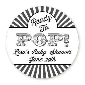 Ready To Pop Gray Stripes - Round Personalized Baby Shower Sticker Labels