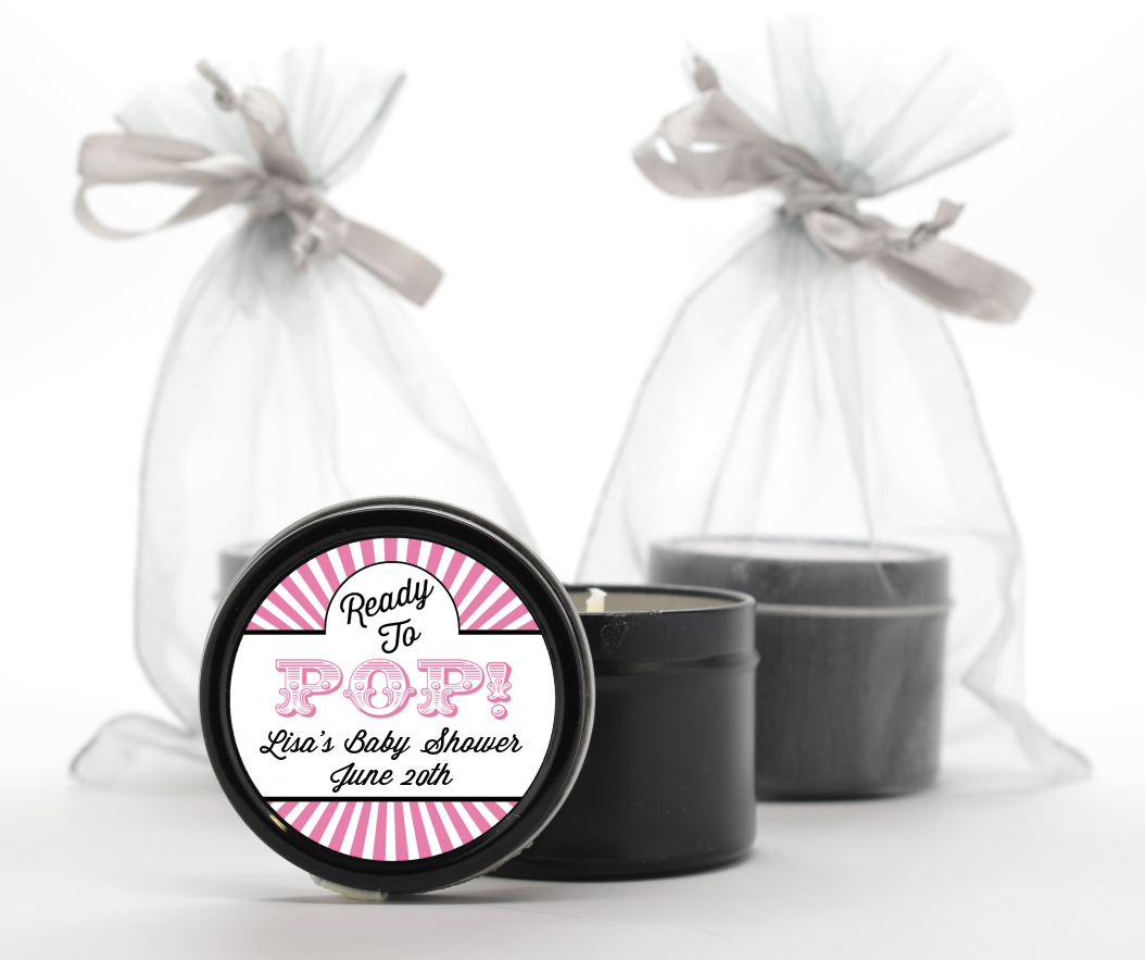 Ready To Pop Pink Stripes - Baby Shower Black Candle Tin Favors