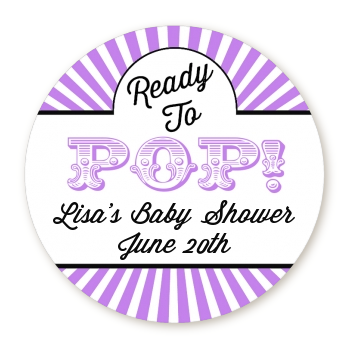 Ready To Pop Purple Stripes - Round Personalized Baby Shower Sticker Labels