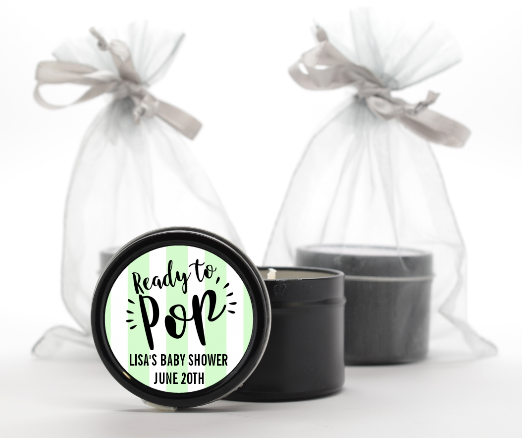 Ready To Pop Stripes - Baby Shower Black Candle Tin Favors