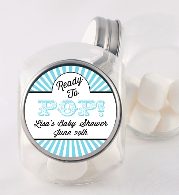 Ready To Pop Teal Stripes - Personalized Baby Shower Candy Jar