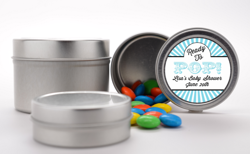 Ready To Pop Teal Stripes - Custom Baby Shower Favor Tins