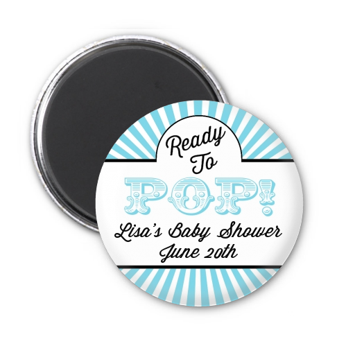 Ready To Pop Teal Stripes - Personalized Baby Shower Magnet Favors