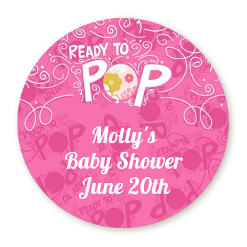 She's Ready To Pop Pink - Round Personalized Baby Shower Sticker Labels